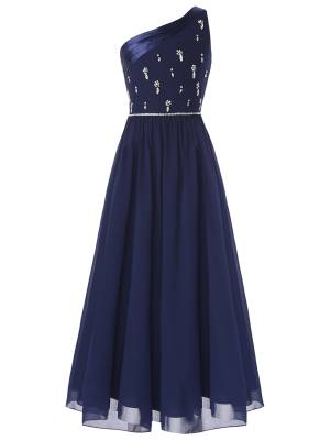 Girls One Shoulder Rhinestones Beaded Chiffon A-line Junior Bridesmaid Dress front image