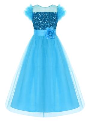 Kids Girls Sleeveless Sequin Mesh Maxi Flower Girl Dress with Belt front image