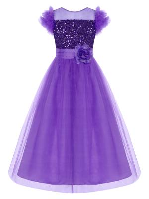 Kids Girls Sleeveless Sequin Mesh Maxi Flower Girl Dress with Belt