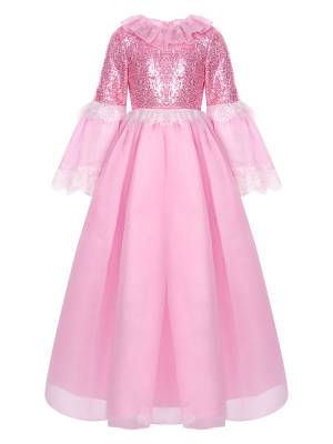 Kids Girls Long Sleeve Sequin Lace Maxi Princess Dress for Flower Girl front image