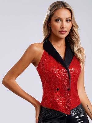 Women V-neck Lapel Sleeveless Sequin Button Top for Evening Party front image
