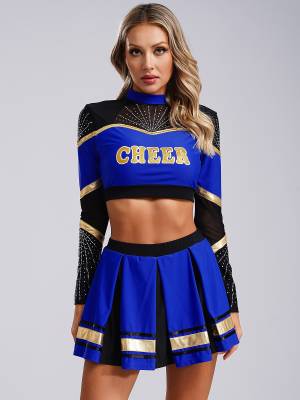 Women 2pcs Cheerleading Outfit Long Sleeve Sequins Crop Top and Pleated Skirt front image