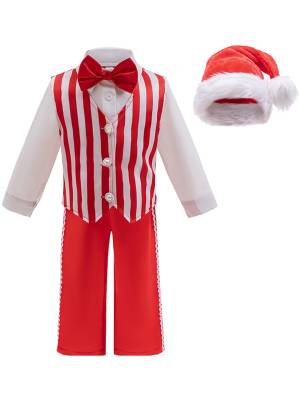 Toddler Boys Christmas Long Sleeve Shirt Striped Vest and Pants with Hat Suit front image