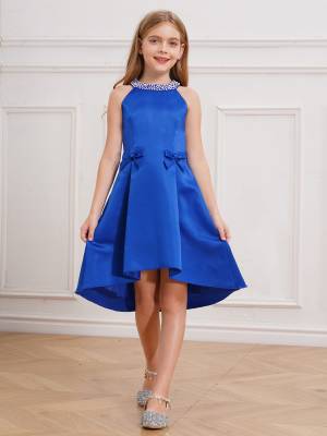 Girls sleeveless Halter Neck Bowknot Beaded Flower Knee Length Party Dress front image