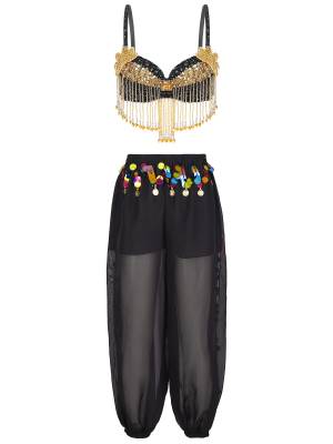 Women 2pcs Sequins Beaded Tassels Bra and Side Split Pants Belly Dance Set front image