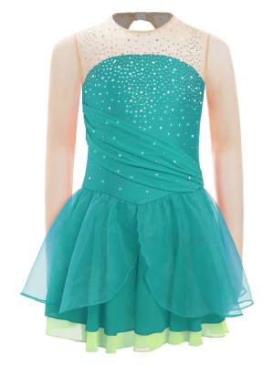 Kids Girls Long Sleeves Glittery Rhinestones Lyrical Dance Leotard Dress front image