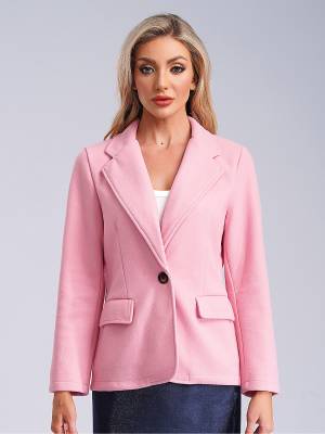 Women Solid Color Long Sleeve Lapel Woolen Button-up Blazer front image