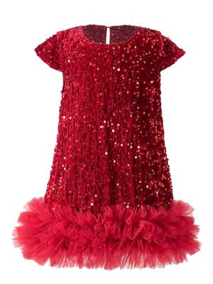 Toddler Girls Short Sleeve Glittery Sequin Mesh Gown Party Dress front image