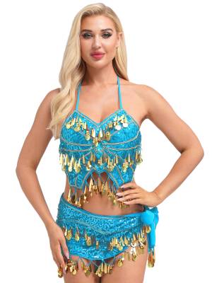 Women Belly Dance Outfit Sequins Camisole Top and Plastic Beads Tassels Skirt