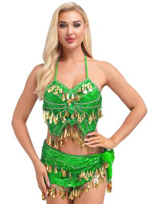 Women Belly Dance Outfit Sequins Camisole Top and Plastic Beads Tassels Skirt front image