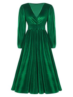 Women Long Sleeve V-neck Solid Color Velvet A-line Cocktail Dress front image