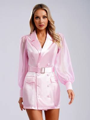 Women Long Sleeve Lapel V-neck Bodycon Suit Dress with Belt front image