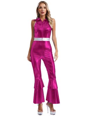 Women Metallic Sleeveless Lapel Disco Dance Jumpsuit front image