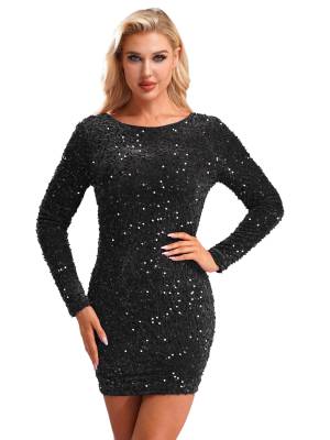 Women Long Sleeve Backless Sequin Bodycon Dress for Cocktail front image