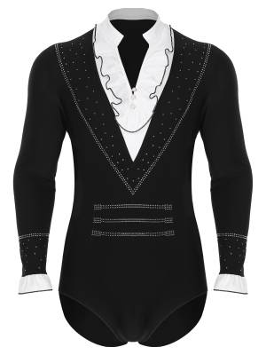 Men Long Sleeve Ruffled Collar Rhinestone Dance Leotard front image