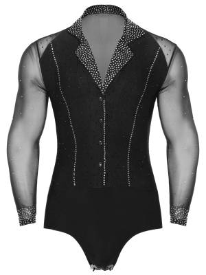 Men Lapel Collar Long Sleeve Sheer Mesh Rhinestone Latin Dance Leotard front image