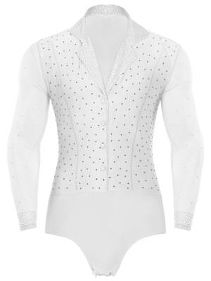 Men Lapel Collar Long Sleeve Sheer Mesh Rhinestone Latin Dance Leotard