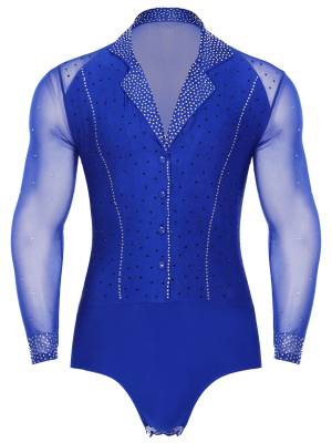 Men Lapel Collar Long Sleeve Sheer Mesh Rhinestone Latin Dance Leotard front image