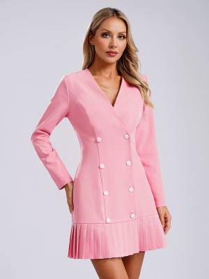 Women Long Sleeve V-neck Blazer Pleated Dress for Evening Wedding front image