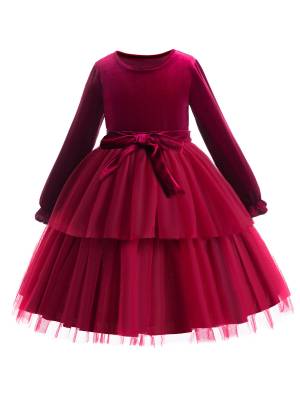 Toddler Girls Long Sleeve Mesh Ruffled Princess Dress with Bowknot Belt front image