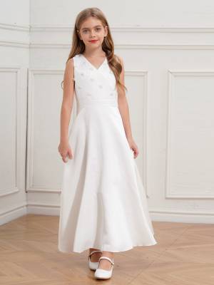Girls V-neck Sleeveless Ankle Length Faux Pearls Flower Decorated Gown Dress front image