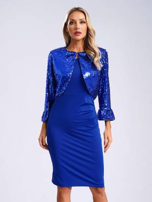 Women 2pcs Ruched Bodycon Dress and Long Sleeve Sequins Jacket Set for Cocktail front image