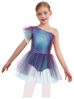Girls Halloween Mermaid Ballet Costume One Shoulder Sleeveless Tutu Dress front image