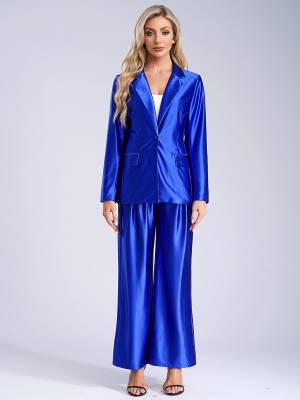 Women 2pcs All-matched Long Sleeve Lapel Blazer and Loose Pants Formal Suit front image