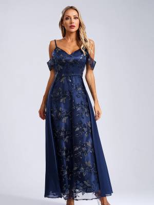 Women Cold Shoulder Mesh Sequin Embroidery Floral Bridesmaid Maxi Dress front image