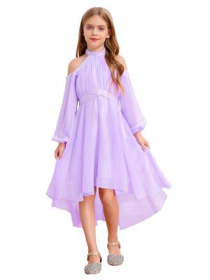 Girls Halter Neck Off-shoulder Long Sleeve Ruffled Hi-Lo Dress For Party