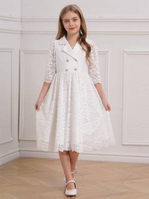 Kids Girls Half Sleeve Lapel Lace Knee Length Formal Dress front image
