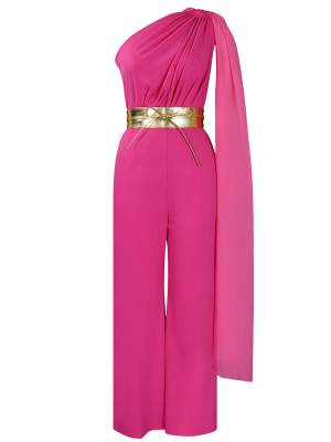 Women One ShoulderLong Batwing Sleeve High Waist Jumpsuit with Belt for Cocktail front image