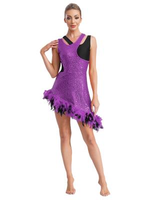 Women Sleeveless Sequins Feather Trim Asymmetrical Jazz Dance Dress