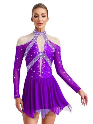 Women Long Sleeve Sparkle Rhinestones Asymmetrical Dress for Figure Skating front image