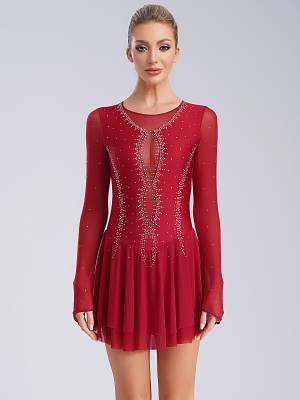 Women Long Sleeve Sheer Mesh Rhinestones Figure Skating Leotard Dress front image