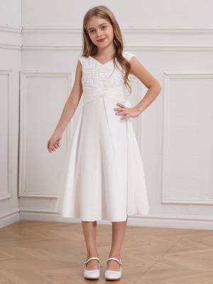 Girls V-neck Sleeveless Bowknot Floral Embroidery Calf Length Dress for Prom front image