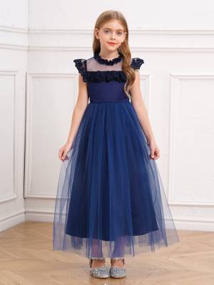 Girls Flutter Sleeve Lace Tulle A-line Midi Length Flower Girl Dress front image