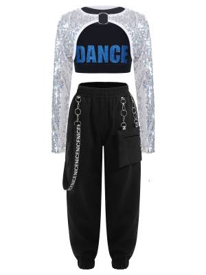 Kids Girls 3pcs Crop Top with Sequin Bolero and Metal Chain Pants Dance Set front image
