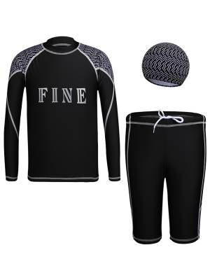 Boys 3pcs Long Sleeve Top and Shorts with Hat Swimming Set front image