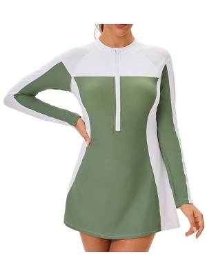 Women Long Sleeve Front Zipper Swim A-line Dress UPF 50+ Rash Guard front image