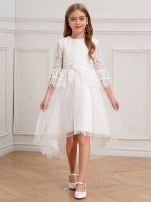 Girls Lace Hallowed Sleeves Hi-Low Tulle Dress for Flower Girls front image