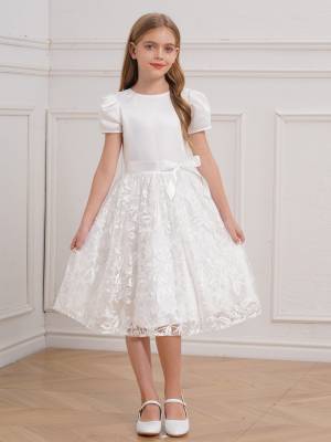 Girls Short Sleeve Embroidery Tulle Knee Length Dress with Belt for Communion front image