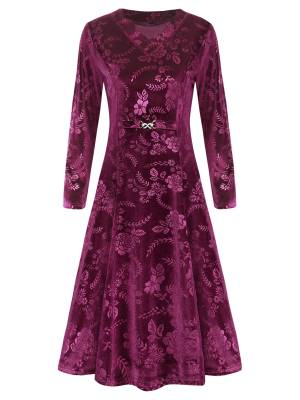 Women Long Sleeve V-neck Velvet Floral Mother of the Bride Dress