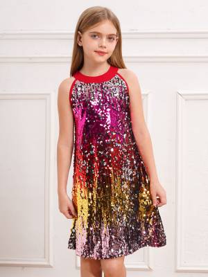 Kids Girls Sleeveless Glittery Sequins Dress for Birthday Party front image