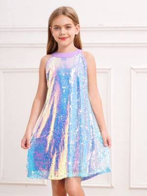 Kids Girls Sleeveless Glittery Sequins Dress for Birthday Party front image