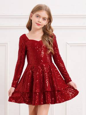 Kids Girls Long Sleeve Sequins A-line Party Dress front image