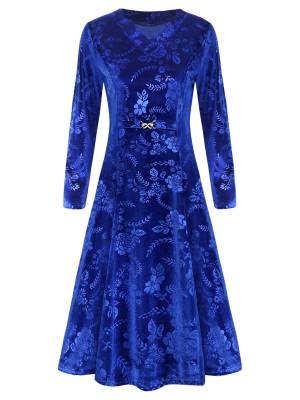 Women Long Sleeve V-neck Velvet Floral Mother of the Bride Dress front image