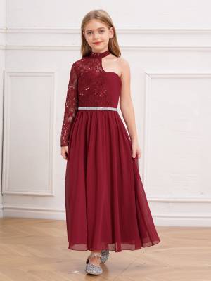 Kid Girls One Sleeve Sequins Lace Chiffon Flower Girls Dress front image