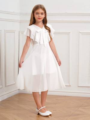 Kids Girls Short Sleeve V Neck Ruffle Chiffon A-line Dress front image