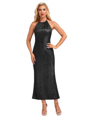 Women Sleeveless Halter Neck Glittery Bodycon Dress for Evening Party